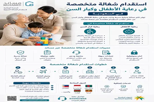 استقدام شغالة متخصصة في رعاية الأطفال وكبار السن في السعودية
